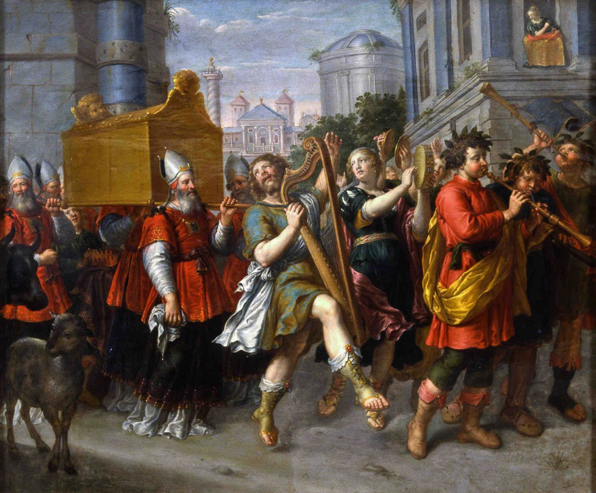 King David singing and dancing while leading the Ark of the Covenant into Jerusalem