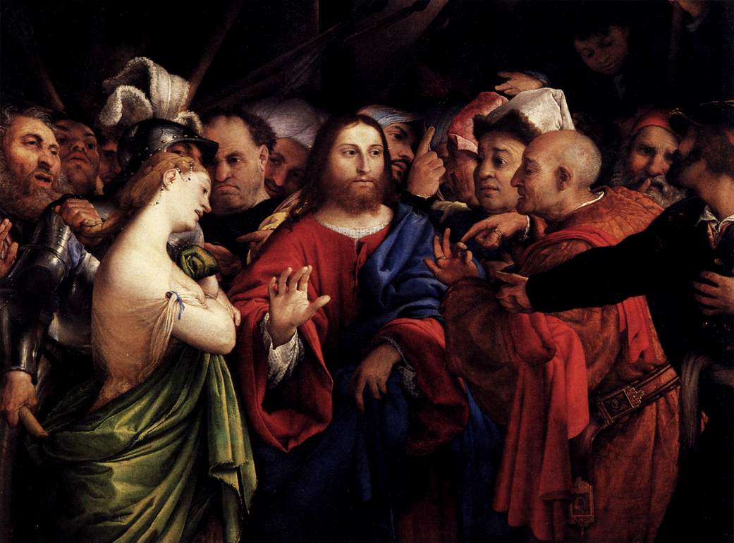 Christ and the Woman Taken in Adultery by Lorenzo Lotto — accusers crowding around Jesus with pointing fingers