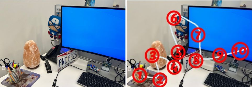 Office desk with ten numbered memory objects