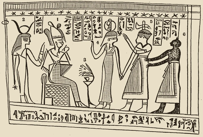 Woodcut of an Egyptian scene: a seated enthroned figure with a standing figure behind him, a man led forward by two other figures, and a servant, with rows of Egyptian characters above the figures’ heads