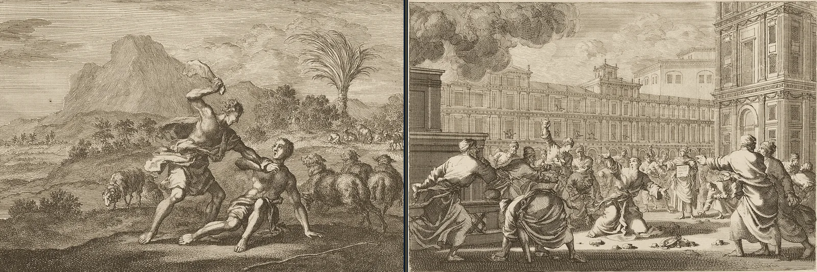 Two etchings by Jan Luyken side by side: Cain striking down Abel in a field, and Zechariah stoned by a crowd in the temple court beside the altar