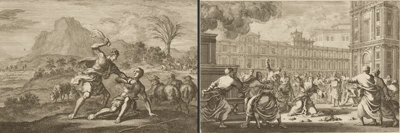 Jan Luyken etchings of Cain killing Abel and the stoning of Zechariah