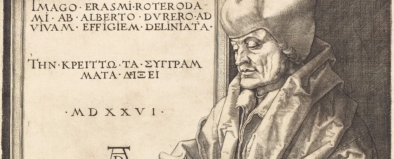 Albrecht Dürer's 1526 engraving of Erasmus of Rotterdam in profile beside a tablet bearing a Greek inscription