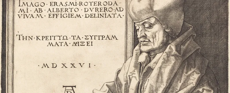 Albrecht Dürer's 1526 engraving of Erasmus of Rotterdam beside a Greek inscription