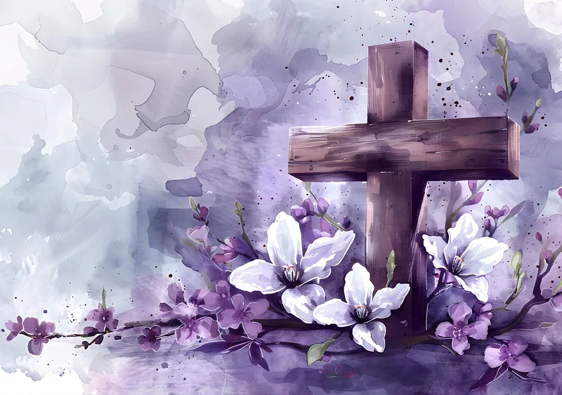 Purple flowers by a cross