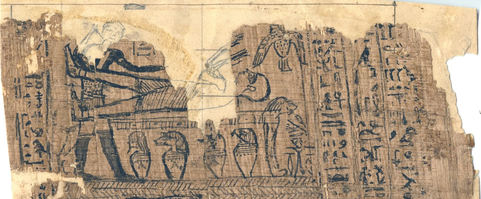 A damaged papyrus fragment showing an Egyptian lion-couch scene on the left and columns of hieroglyphic text on the right