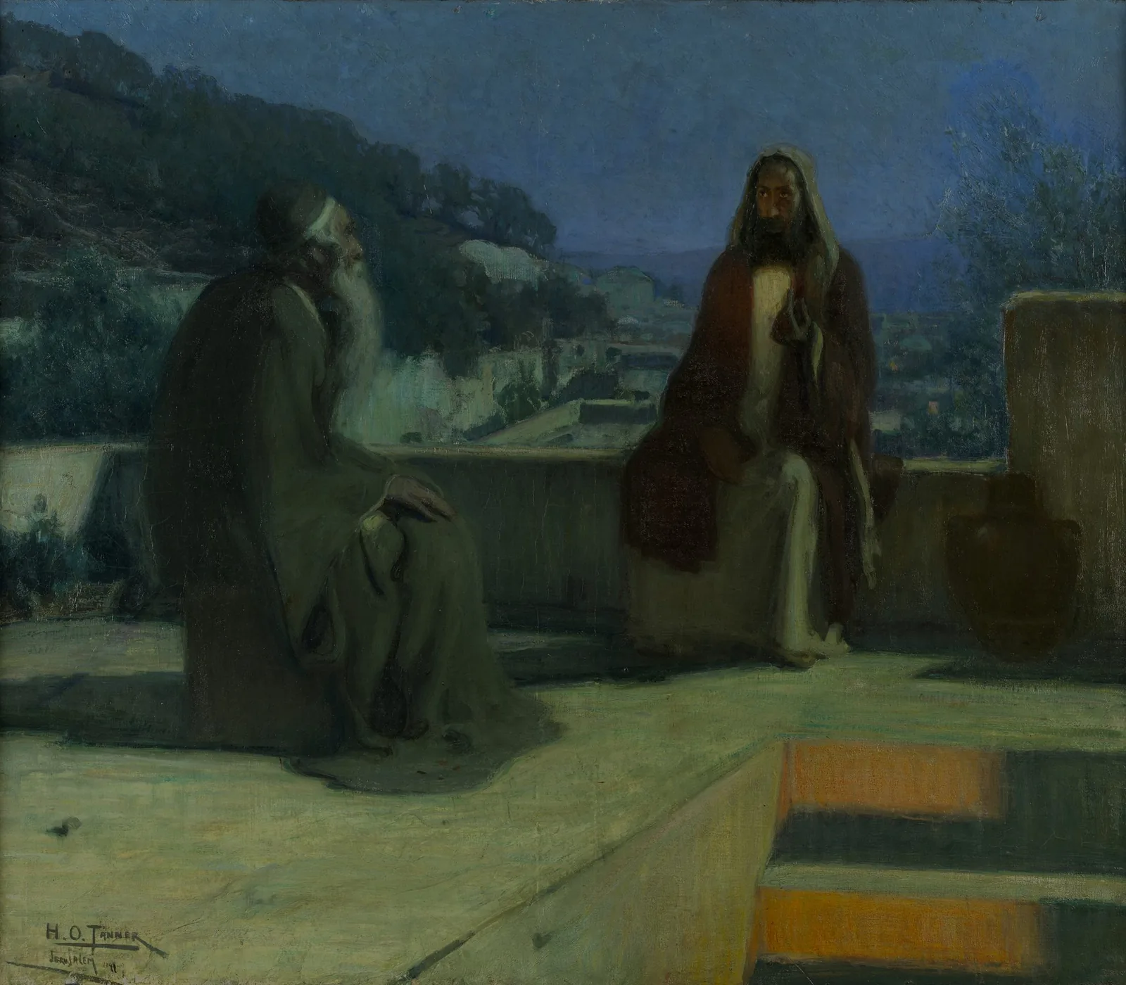 Nicodemus Visiting Jesus by Henry Ossawa Tanner, 1899 — the two men seated at night on a Jerusalem rooftop