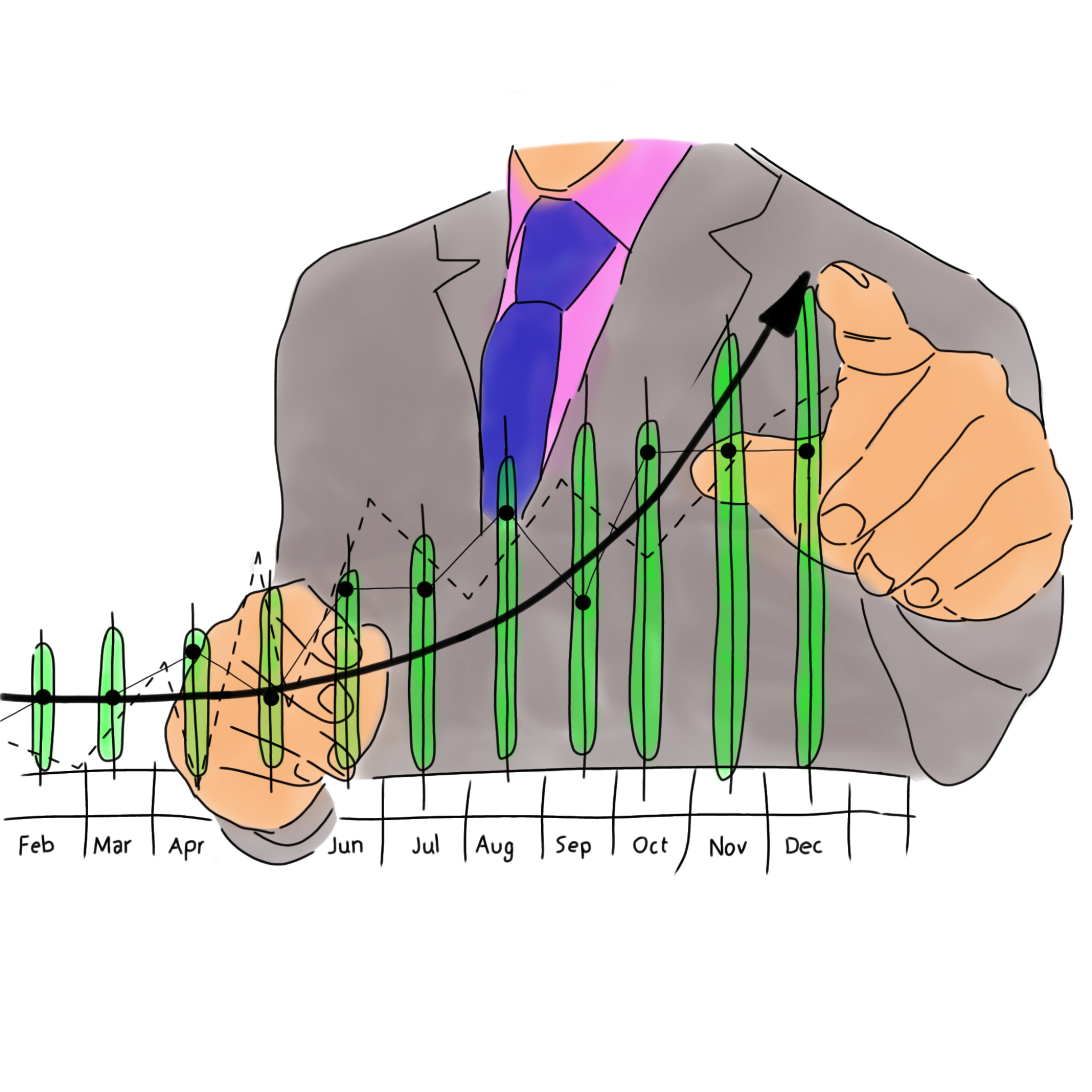 Businessman pointing at a rising bar chart